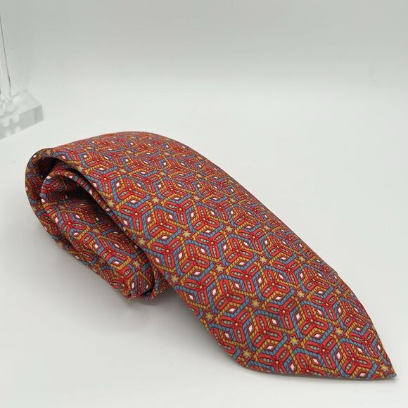 Hermes 100% Silk Geometric Stars Red and Blue Men's Tie 7662 TA - Picture 5 of 5